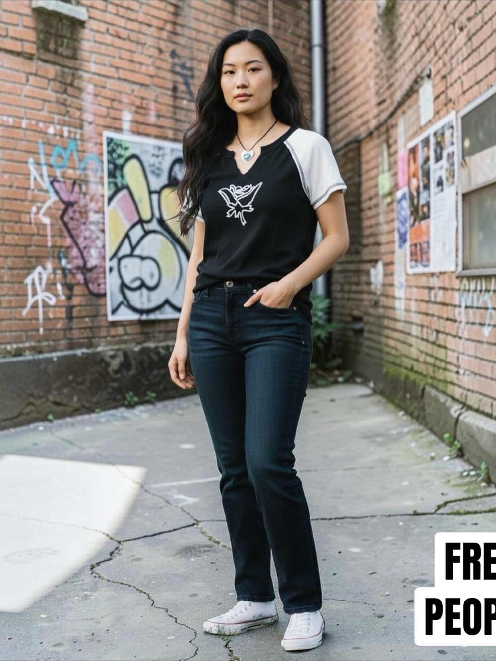 FREE PEOPLE Raglan T-Shirt w/Rose Detail (s) NWOT